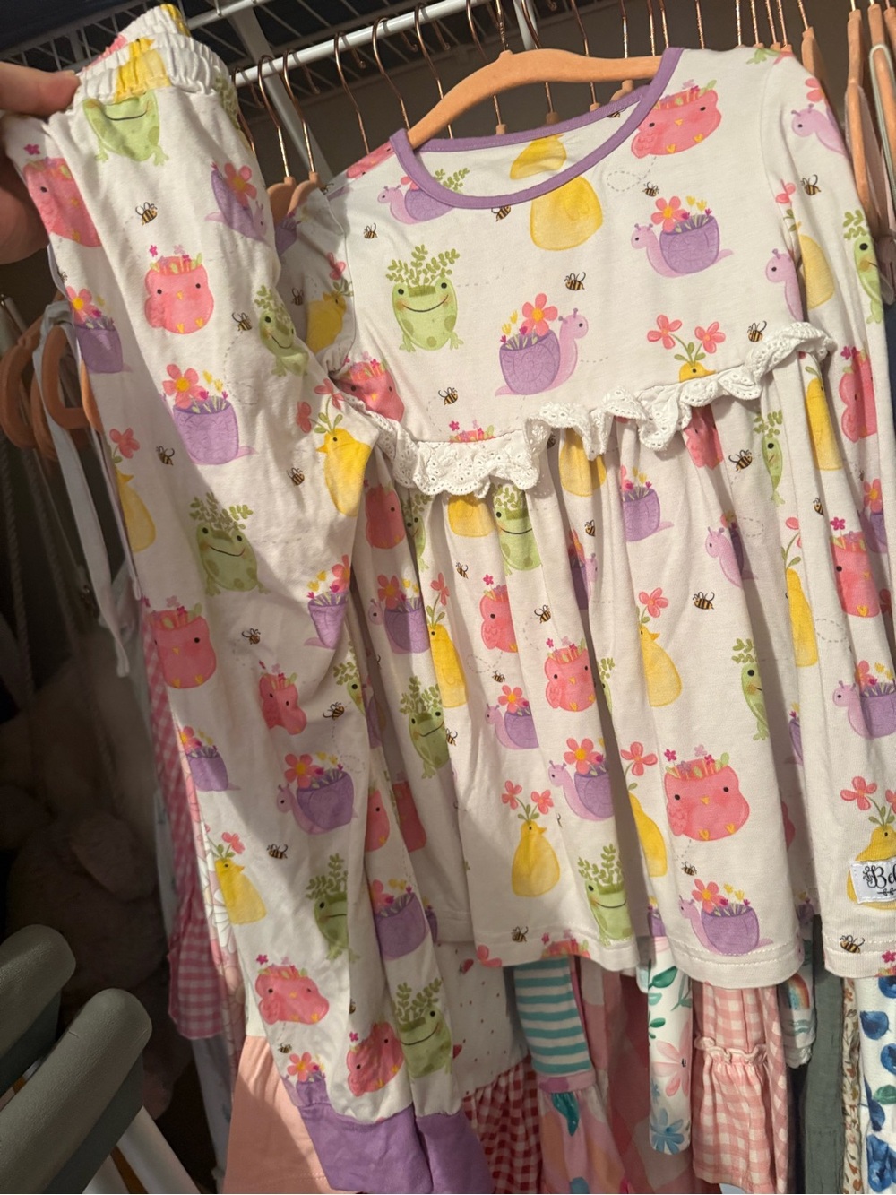 Girls Floral Animal Ruffle Pajama Set - Pastel Frogs & Hippos